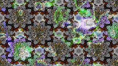 Çiçek desenli çizim. Raster illüstrasyonu. Gri renkli Asya tekstili.