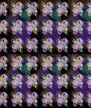 Yumuşak, bahar çiçekleri siyah ve mor renklerde. Raster deseni. Raster illüstrasyonu. Patlayan çiçekler soyut yerleştirilmiş.