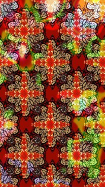 Moda baskıları için zarif bir şablon. Halk tarzı. Parlak renkli çiçekli ve kırmızı yapraklı harika bir çiçek deseni. Modern çiçek arkaplanı.