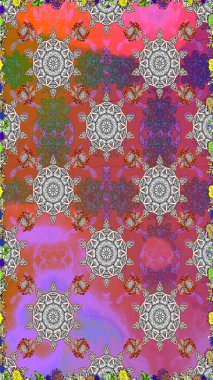 İşlemeli çiçekli, dikişsiz desen. Renkli grunge soyut arkaplanı kologri çiçeklerle süslüyor. İzler, kumaş, duvar kağıtları, tekstil için raster dokusu.