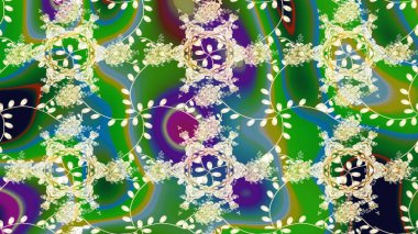 1950-1960 motifleri. El çizimi çiçek unsurları olan soyut çizim raster deseni. Yeşil yeşile. Retro tekstil tasarım koleksiyonu. Çiçekli ipek eşarp..
