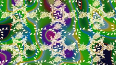1950-1960 motifleri. El çizimi çiçek unsurları olan soyut çizim raster deseni. Yeşil yeşile. Retro tekstil tasarım koleksiyonu. Çiçekli ipek eşarp..