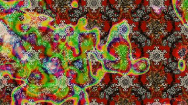 Çiçekli ipek eşarp. El çizimi çiçek unsurları olan soyut çizim raster deseni. 1950-1960 motifleri. Retro tekstil tasarım koleksiyonu. Yeşil yeşile.