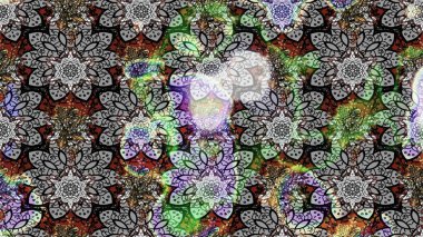 Çok renkli, zarif küçük çiçekler ve gri renkli komik böcekler, raster desen, illüstrasyon.