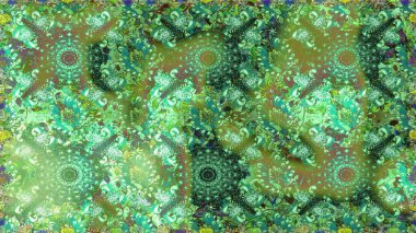 Yeşil ve nötr renklerde etnik çiçeklerle kusursuz bir desen. Asya Tekstil 'inde Raster Çiçek İllüstrasyonu.