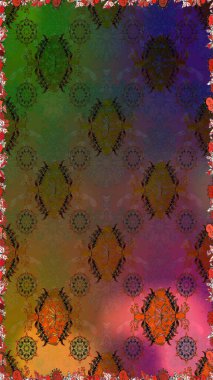 İşlemeli çiçekli, dikişsiz desen. Renkli grunge, soyut arkaplanı kolonya ve yeşil çiçeklerle süslüyor. İzler, kumaş, duvar kağıtları, tekstil için raster dokusu.