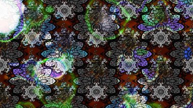 Raster Floral Illustration, Asyalı tekstil. Gri renkli etnik çiçeklerle zarif eskiz deseni.