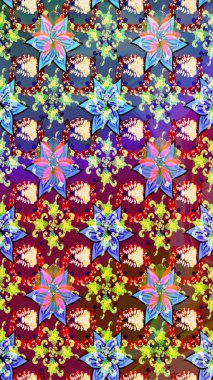 Güzel kumaş deseni. Raster illüstrasyonu. Raster illüstrasyonundaki çiçek desenli çizim. Mavi ve kırmızı renklerde.