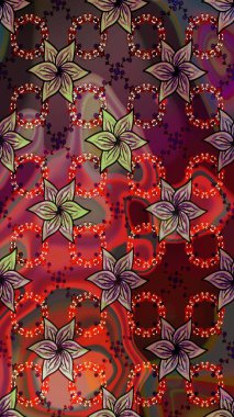 Raster illüstrasyonu. Çiçekli karalama şeklinde Raster çiçek deseni. Nazikçe, bahar çiçekleri kahverengi ve kırmızı renklerde.