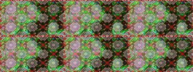 Çok yeşil zarif küçük çiçekler ve yeşil renkli komik böcekler, raster desen, illüstrasyon.