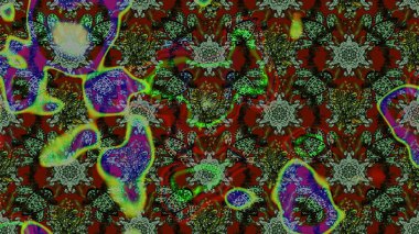 Çiçekli ipek eşarp. El çizimi çiçek unsurları olan soyut çizim raster deseni. 1950-1960 motifleri. Retro tekstil tasarım koleksiyonu. Yeşil yeşile.