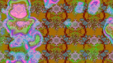 Parlak renkli çiçekleri ve kahverengi renkli yaprakları olan harika bir çiçek deseni. Moda baskıları için zarif bir şablon. Modern çiçek arkaplanı. Halk stili.