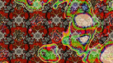 Suluboya elle çizilmiş çiçek desenli eskiz deseni. Parlak renkli fantezi çiçekleri, yapraklar, kahverengi renkli tomurcuklar, kahverengi.