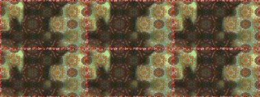 Kahverengi ve yeşil renkli, parlak çiçekli, soyut, pürüzsüz desen. Çiçeksel elementlerle süslenmiş zarif raster dokusu. Küçük çiçekte şirin bir çiçek deseni var..