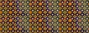 Raster illüstrasyonu. Çiçek desenli çizim. Raster illüstrasyonu. Asya tekstil tarzında. Kahverengi ve yeşil renkte çiçekler.