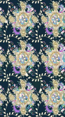 Desen, çizim, çiçek sınırı. Çiçek çelengi. Güzel, parlak, pürüzsüz kumaş, tuval. Kıvırcık, parlak örgü. Eski moda arka plan. Raster illüstrasyonu.