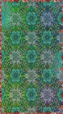 Raster illüstrasyonu. Yeşil renkli Asya tekstili. Çiçeklerle suluboya desenleri.