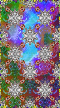 Gri renkli Asya tekstili. Çiçeklerle suluboya desenli çiçek deseni. Raster illüstrasyonu.