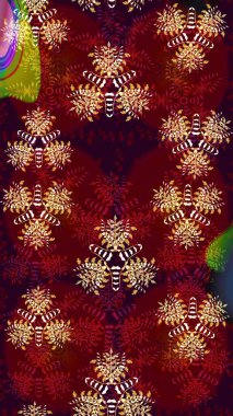 Kırmızı ve kahverengi renkte çiçekler. Raster illüstrasyonu. Çiçek desenli çizim. Asya tekstil tarzında. Raster illüstrasyonu.