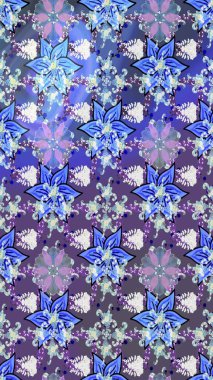 Çiçeksel elementlerle süslenmiş zarif raster dokusu. Mavi ve mor renkli parlak çiçekli soyut çizim deseni. Küçük çiçekte şirin bir çiçek deseni var..