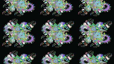 Çocuksu tasarım. Tekstil, kumaş, ambalaj, hatıra defteri için hoş bir çiçek arkaplanı. Elle çizilmiş çiçek desenli Raster çizimi. Siyah arkaplanda.