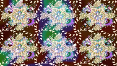 Renkli desenli eskiz deseni, kahverengi çiçekler ve dekoratif elementlerle. Kumaş, tekstil, duvar kağıdı baskısı için. Eski usul. Eskiz geçmişi. Raster illüstrasyonu.