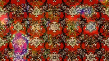 Şirin çiçekli eskiz deseni ve kahverengi renkli yapraklar, suluboya çiçek deseni, duvar kağıdı, kart veya kumaş için fayanslı. Raster illüstrasyonu.