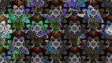 Suluboya elle çizilmiş çiçek desenli eskiz deseni. Parlak renkli fantezi çiçekleri, yapraklar, siyah renkli tomurcuklar.