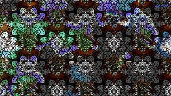 Suluboya elle çizilmiş çiçek desenli eskiz deseni. Parlak renkli fantezi çiçekleri, yapraklar, siyah renkli tomurcuklar.