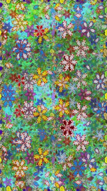 Kusursuz bir geçmişi var. Raster illüstrasyonu. Eski usul. Kumaş, tekstil, duvar kağıdı baskısı için. Renkli desenli kusursuz desen, yeşil ve mavi çiçekler ve dekoratif elementler..