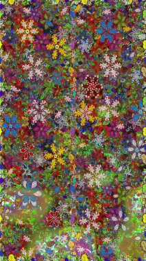 Raster deseni. Patlayan çiçekler soyut olarak yerleştirilmiş. Yumuşak, yeşil renkli bahar çiçekleri. Raster illüstrasyonu.