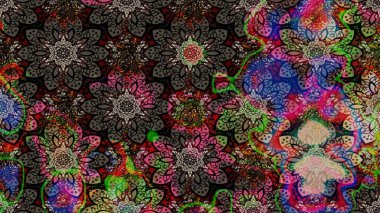 Parlak renkli çiçekli ve siyah yapraklı harika bir çiçek deseni. Moda baskıları için zarif bir şablon. Halk tarzı. Modern çiçek arkaplanı.