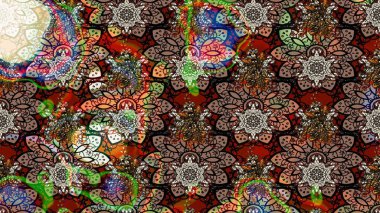 Çiçek desenli çizim. Raster illüstrasyonu. Kahverengi renkli Asyalı tekstil.