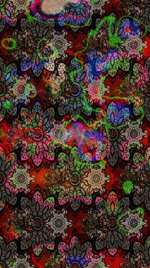 1950-1960 motifleri. Retro tekstil tasarım koleksiyonu. Çiçekli ipek eşarp. El çizimi çiçek unsurları olan soyut çizim raster deseni. Siyah üstüne siyah..