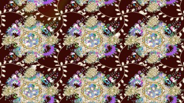 Tekstil için suluboya eskiz deseni. Şirin çiçekli, desenli, kahverengi renkli bir eskiz deseni. El çizimi çiçek çizimi deseni (fayans)).