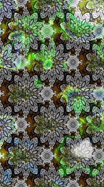 Gri renkli bitkilerden oluşan parlak çiçekli çizim deseni.