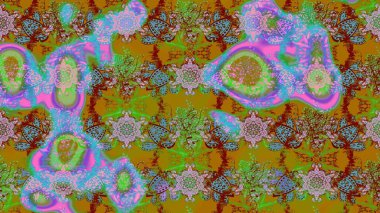 Çiçekli ipek eşarp. El çizimi çiçek unsurları olan soyut çizim raster deseni. 1950-1960 motifleri. Retro tekstil tasarım koleksiyonu. Yeşil yeşile.