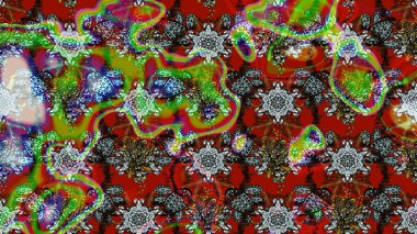 Renkli raster çizimi çizimi. Bir sürü kırmızı ve soyut çiçekli tropik eskiz deseni. Küçük çiçekte sevimli çiçek deseni var..