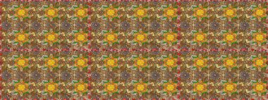 Tekstil, kumaş, ambalaj, hatıra defteri için hoş bir çiçek arkaplanı. Çocuksu tasarım. Kahverengi ve bej arka planda. Elle çizilmiş karalama çiçekleri ile Raster çizim deseni.