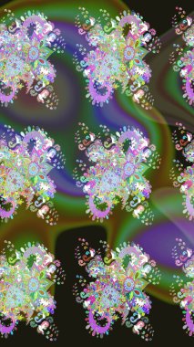 Şirin çiçekli eskiz deseni ve yeşil renkli yapraklar, suluboya çiçek deseni, duvar kağıdı, kart veya kumaş için fayanslı. Raster illüstrasyonu.