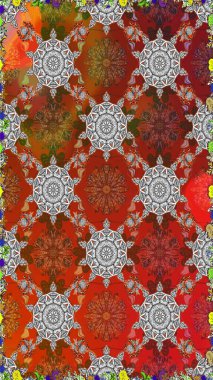 Kahverengi renkli Asya tekstili. Raster illüstrasyonu. Çiçeklerle suluboya desenleri.