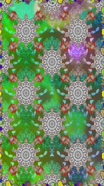 Manzaralı çiçek deseni. Sevgililer günü ve tebrik kartı konsepti için şık bir davetiye. Üst manzara, yumuşak yeşil renk tarzı. Çiçek kompozisyonu, el boyası, hassas şablon..