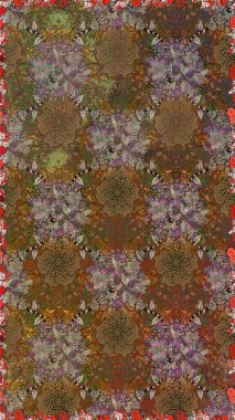 Eski moda arka plan. Şablon, pürüzsüz, çiçekli kenar. Kıvırcık, parlak örgü. Raster illüstrasyonu. Güzel, parlak, pürüzsüz kumaş, tuval. Çiçeklerin çelengi.