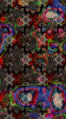 Raster Çiçek İllüstrasyonu 'nun şirin tekstili. Siyah renkli etnik çiçeklerle zarif eskiz deseni.