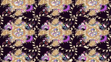 El çizimi. Çiçekler, dallar, bitkiler ve çiçekler. Raster illüstrasyonu. Güzel kumaş deseni.