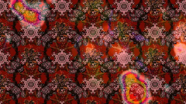 Üzerinde gelincikler ve vadi zambakları olan renkli çiçek desenli nakış deseni. Tekstil tasarımı için kahverengi renkli geleneksel halk çiçekleri buketi.