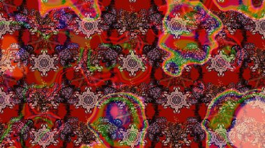 Renkli raster çizimi çizimi. Bir sürü kırmızı ve soyut çiçekli tropik eskiz deseni. Küçük çiçekte sevimli çiçek deseni var..