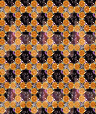 Raster illüstrasyonu. Klasik çiçek tasarımı elementleri. Turuncu ve siyah kıvırcık çiçekler turuncu ve siyah renkte şekillenir.