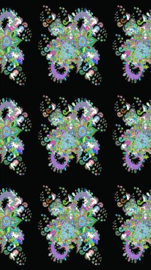 Elle çizilmiş çiçek desenli Raster çizimi. Tekstil, kumaş, ambalaj, hatıra defteri için hoş bir çiçek arkaplanı. Çocuksu tasarım. Siyah arkaplanda.