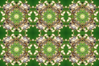 Damask arkaplanı. Barok tarzında altın çiçekli süs. Yeşil, bej ve gri renklerde altın bir element. Altın çiçekli, pürüzsüz desen.